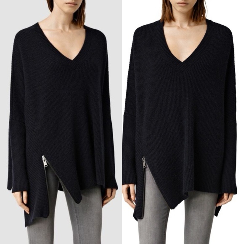 All Saints Blue Wool-Alpaca Knit V-Neck Zipper Sweater